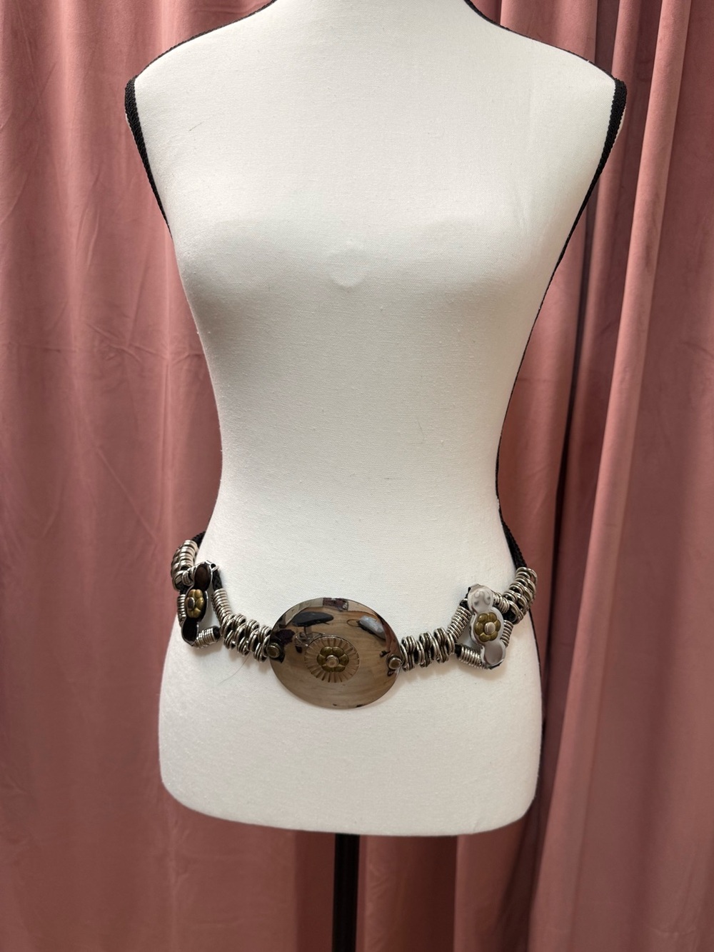 Black Braided Rope Waist Belt with Silver Ring Detail
